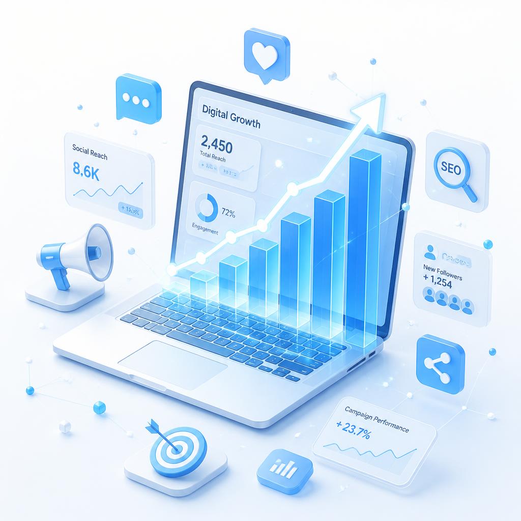 Digital marketing growth dashboard with rising chart, social engagement, and SEO insights